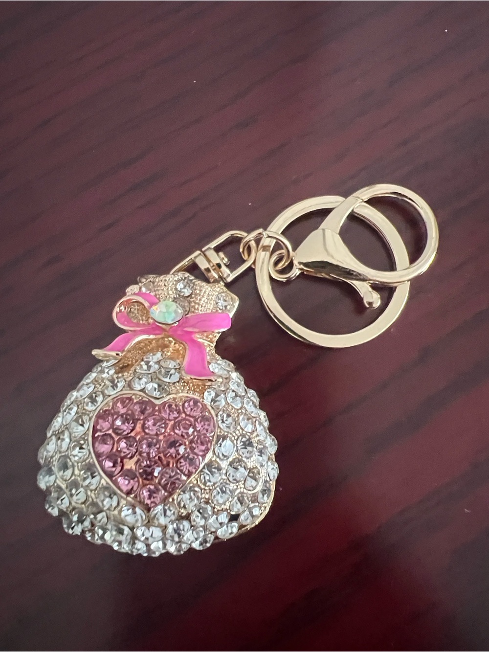 Crystal Heart Pink Bow Gold Keychain/Bag Charm